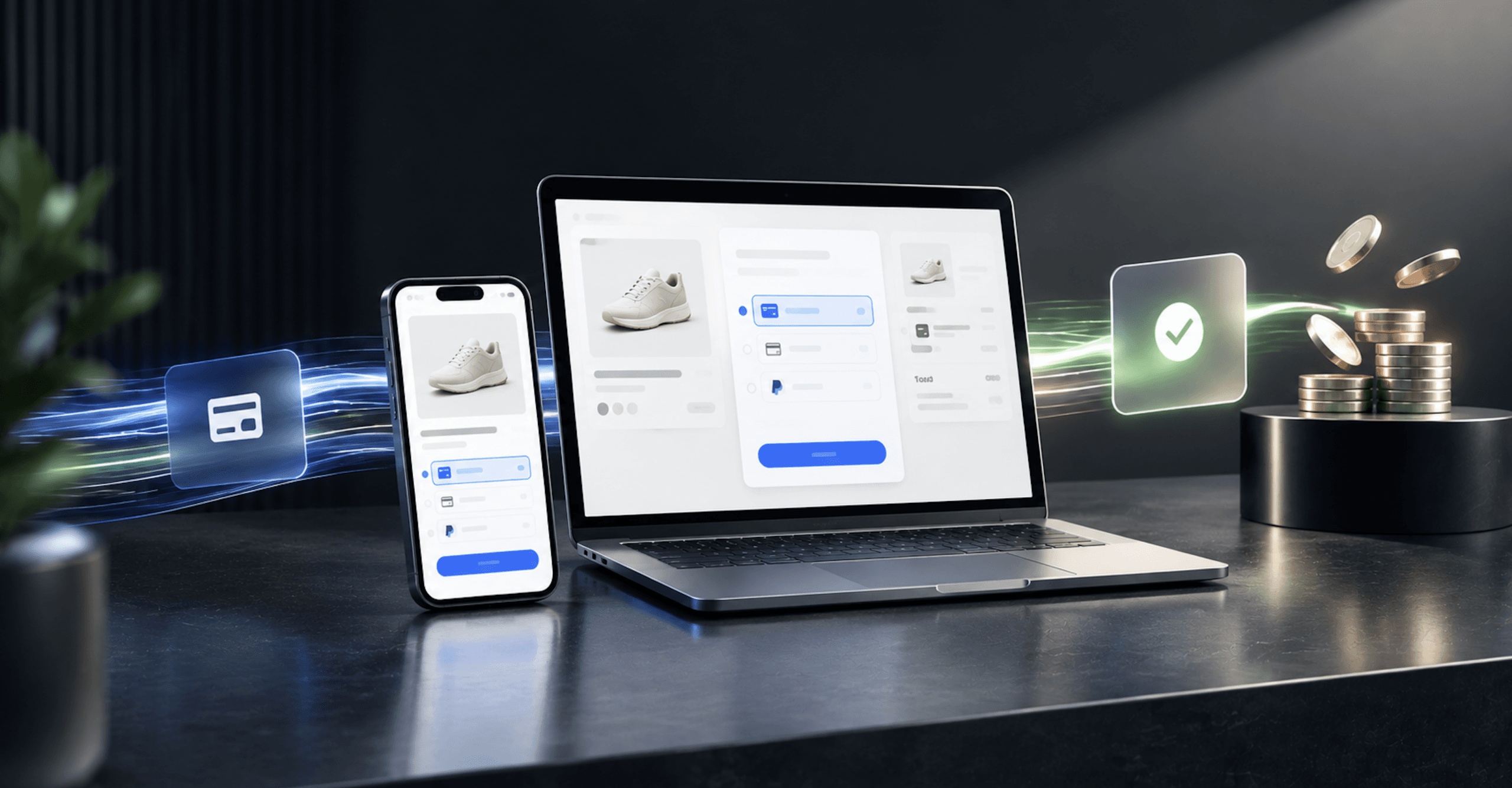 Ecommerce checkout on a laptop and smartphone connected to payment, completion, and revenue indicators