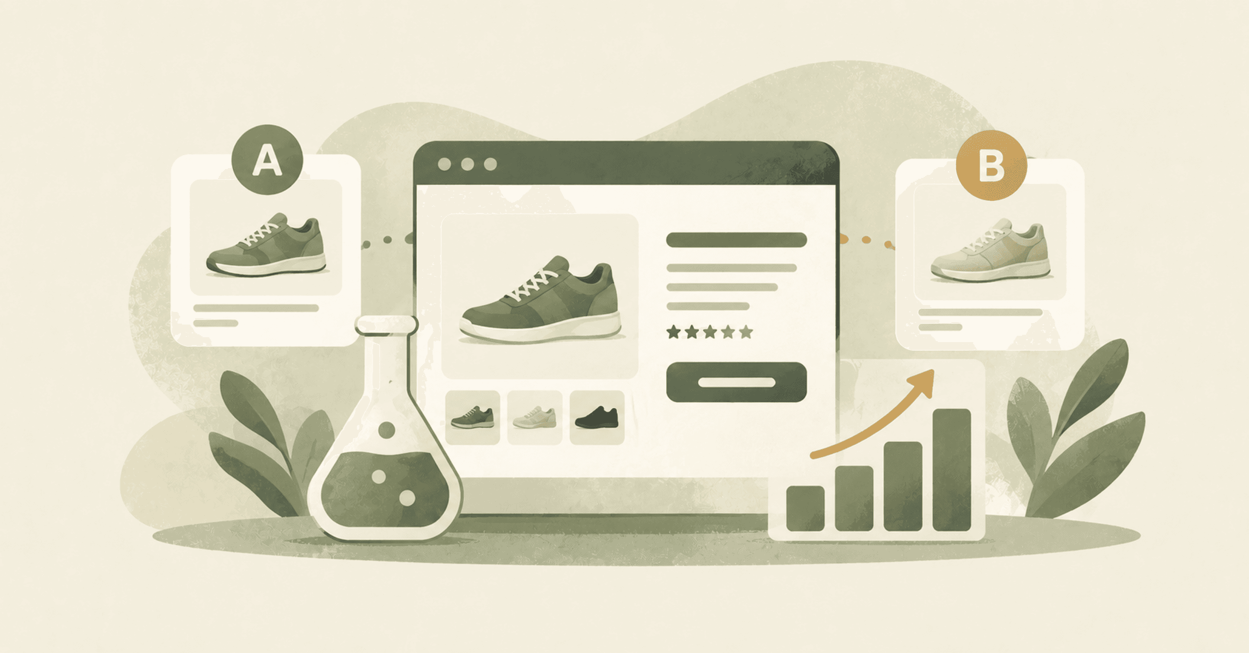 Ecommerce product page with two product variations labeled A and B, alongside testing and analytics elements representing A/B testing.