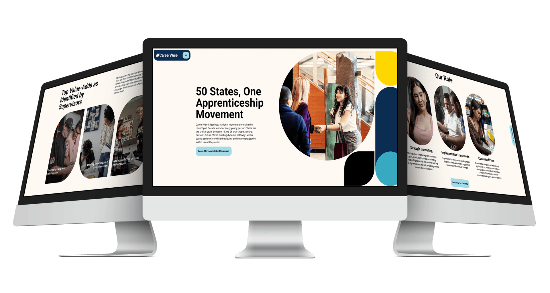 CareerWise website mockups on three screens showing homepage and value-adds sections