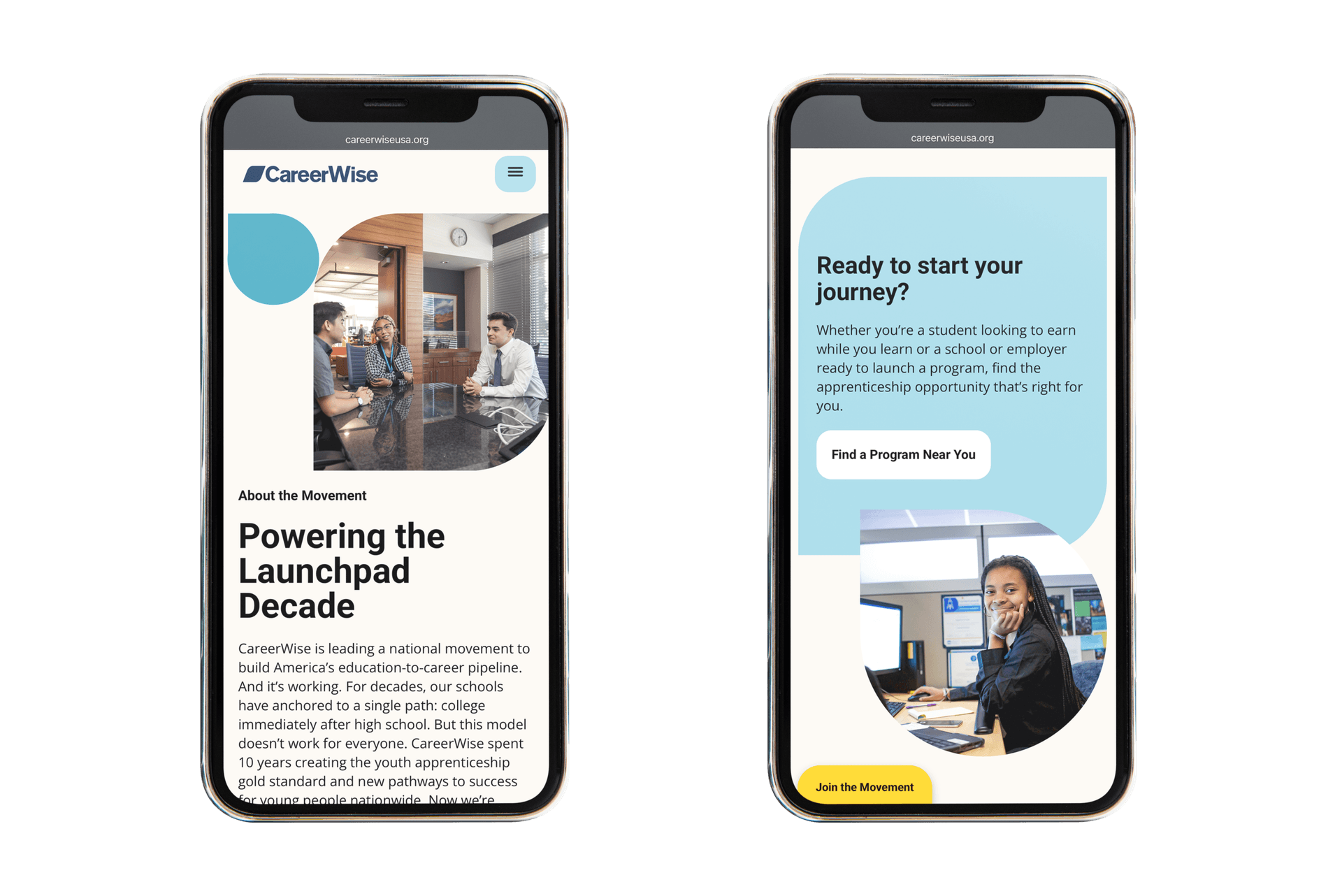 CareerWise mobile website mockups showing About the Movement and Join the Movement pages