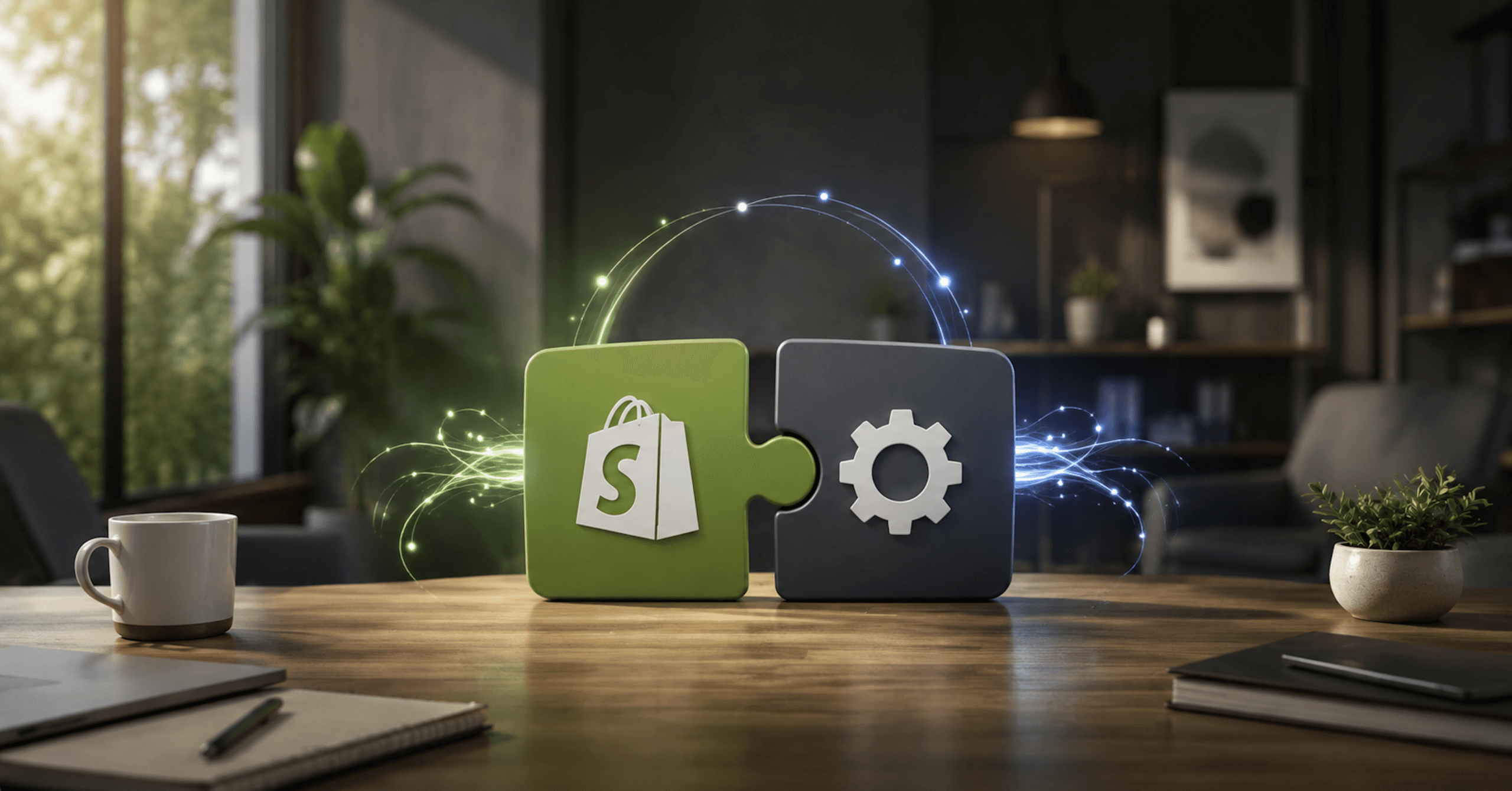 Shopify and ERP systems represented as connected platforms exchanging synchronized data through a glowing digital connection.
