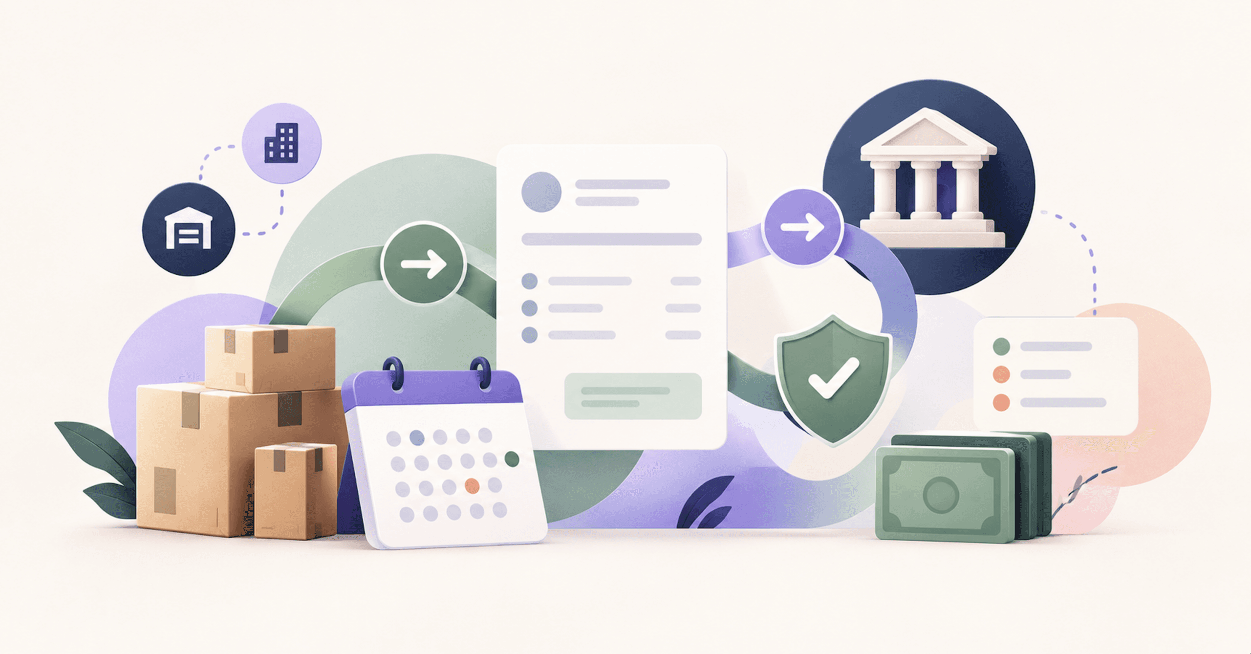 B2B payment workflow connecting an invoice, payment terms calendar, bank, shipping orders, security, and cash, representing Shopify net terms and ACH payments