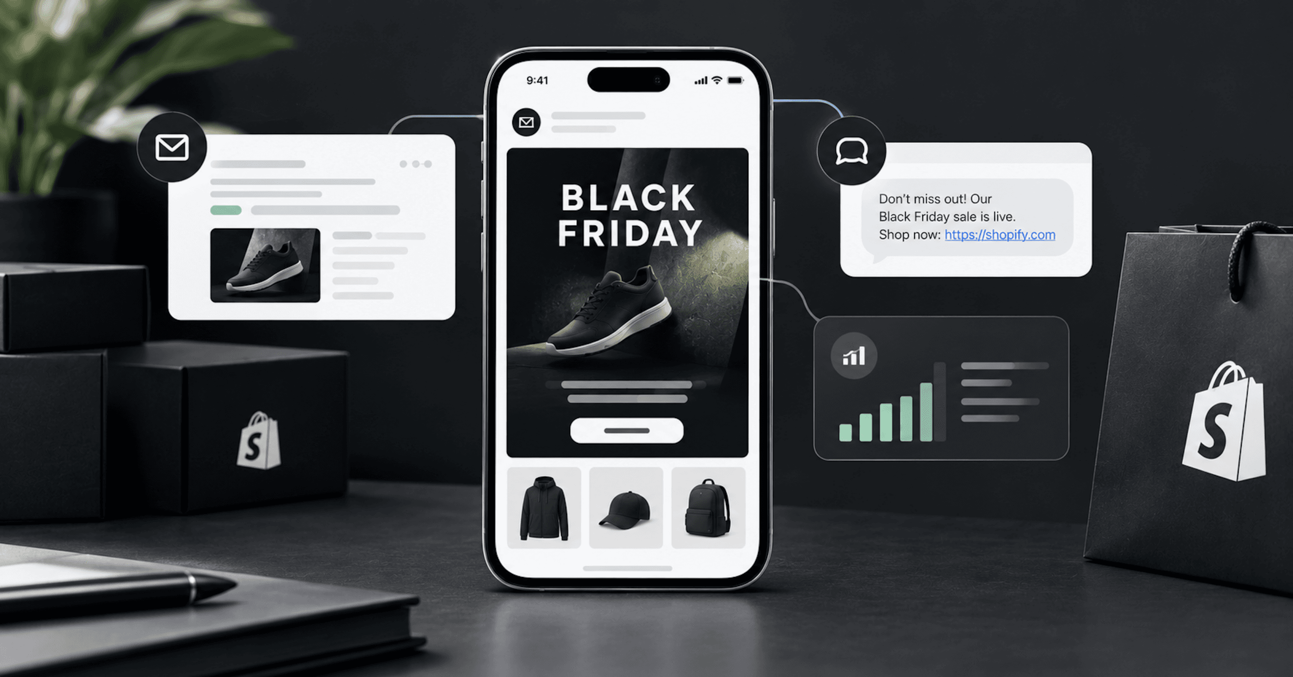Black Friday ecommerce campaign shown across email, SMS, mobile shopping, and performance analytics