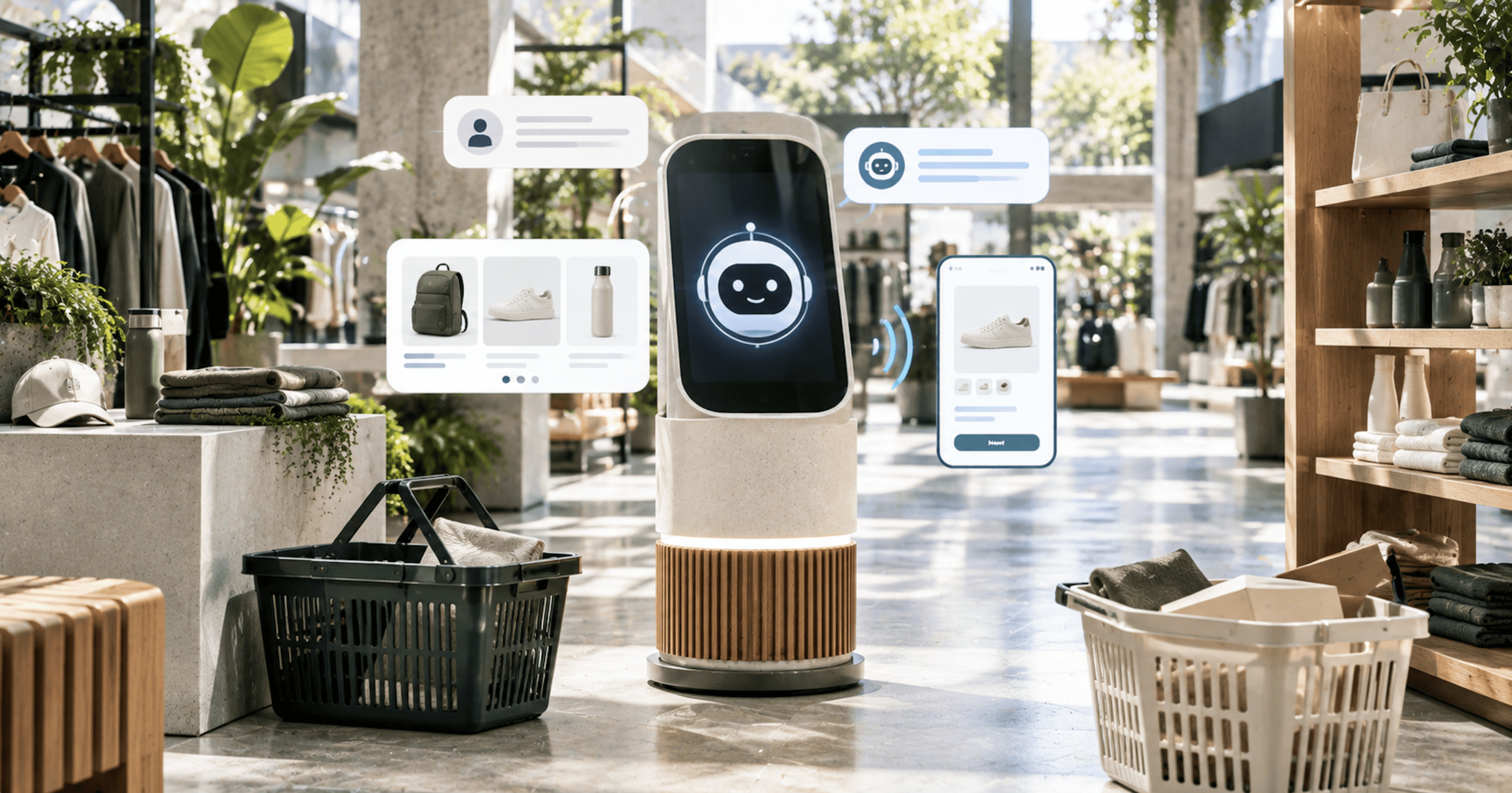 AI shopping concierge in a bright modern retail space, connecting conversational product discovery with personalized recommendations across digital and physical shopping experiences