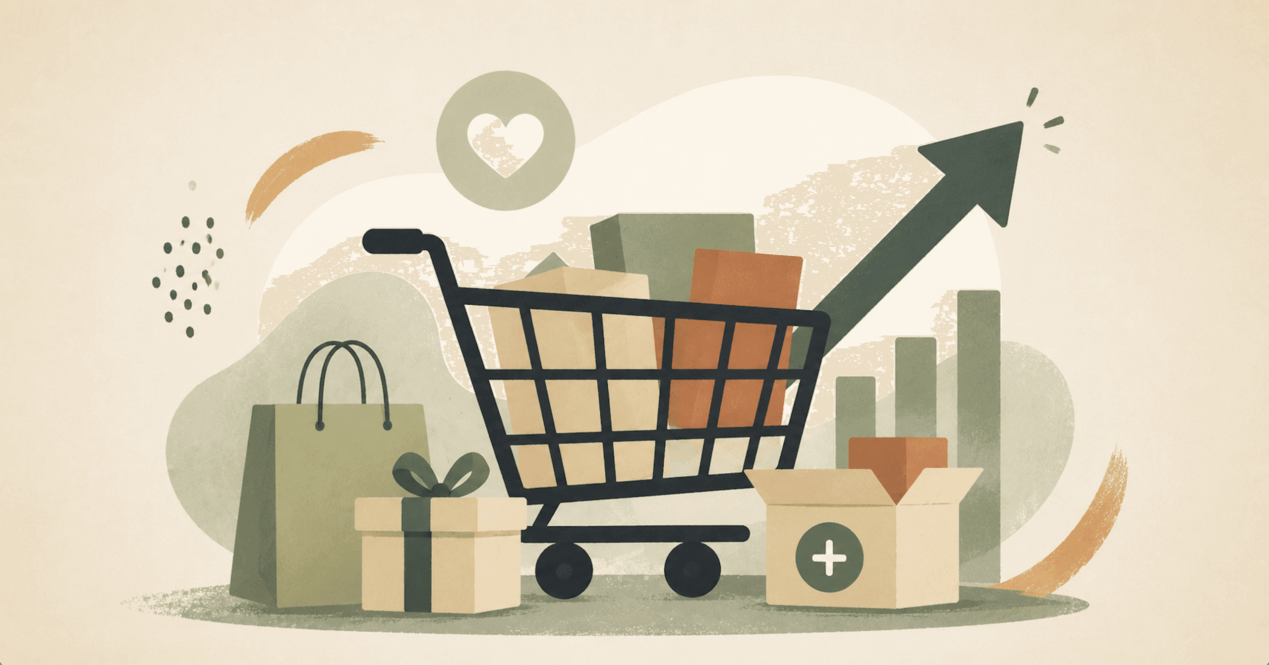 Illustration of a shopping cart filled with packages, gift boxes, and shopping bags, with an upward arrow representing increased ecommerce order value.