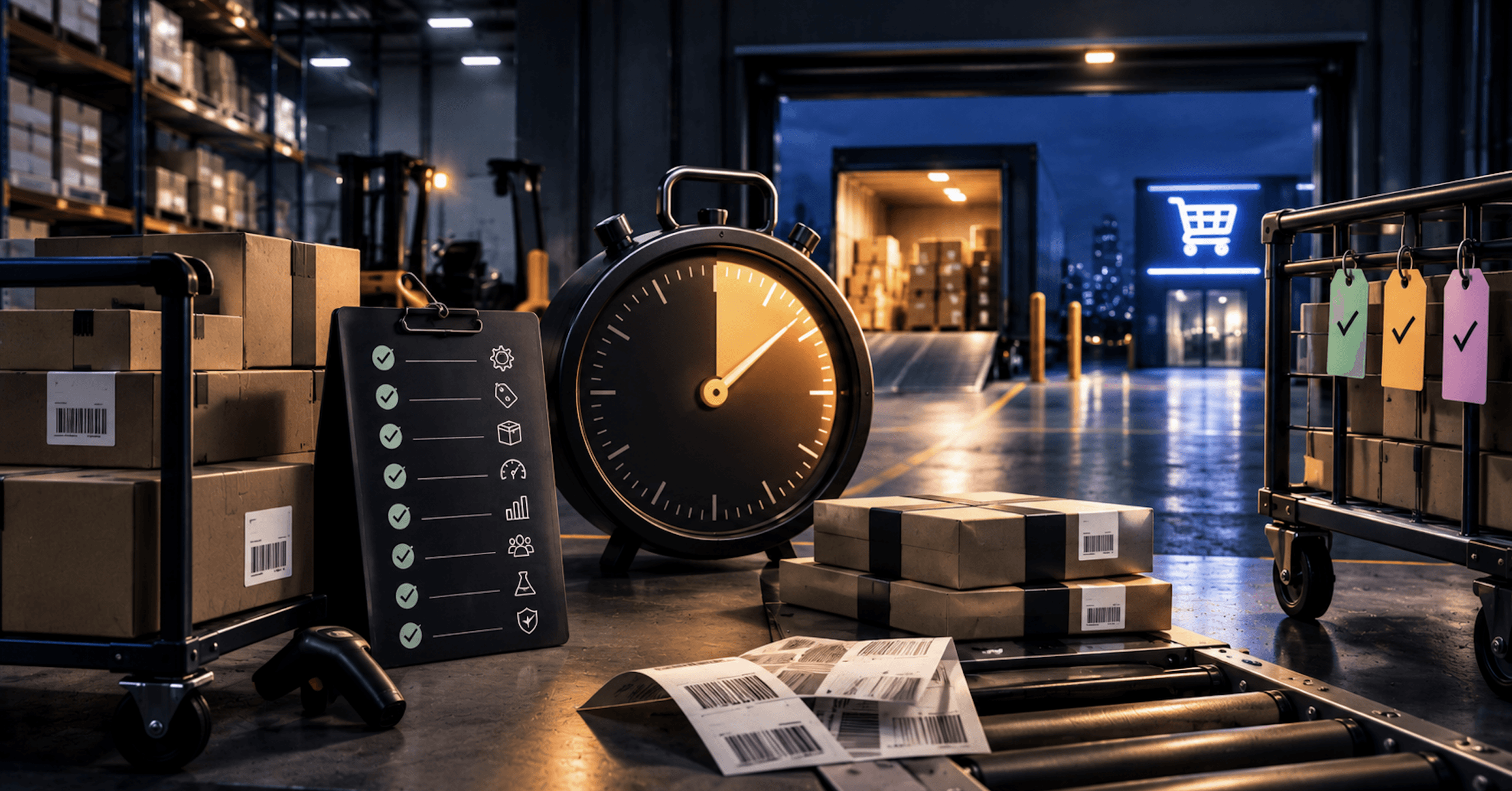 Peak-season ecommerce fulfillment warehouse with inventory, shipping carts, order labels, a readiness checklist, and a central countdown timer representing BFCM preparation