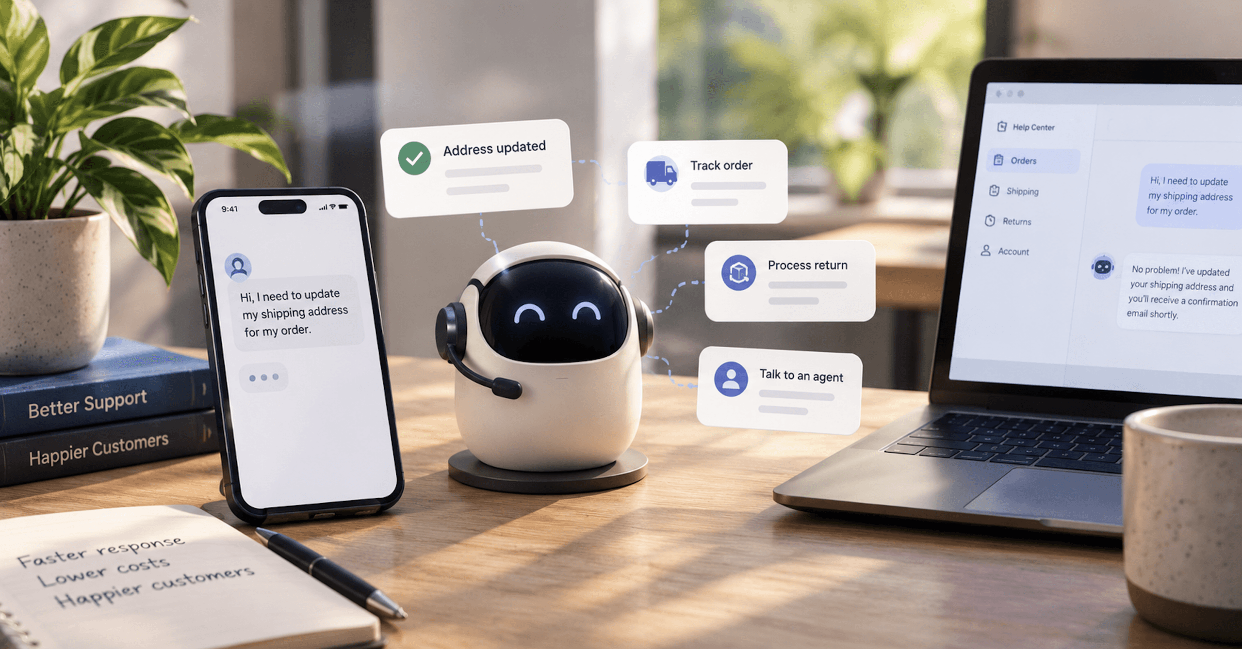 AI-powered customer support workspace with a virtual assistant handling customer requests across phone and computer channels, representing automated support and lower service costs