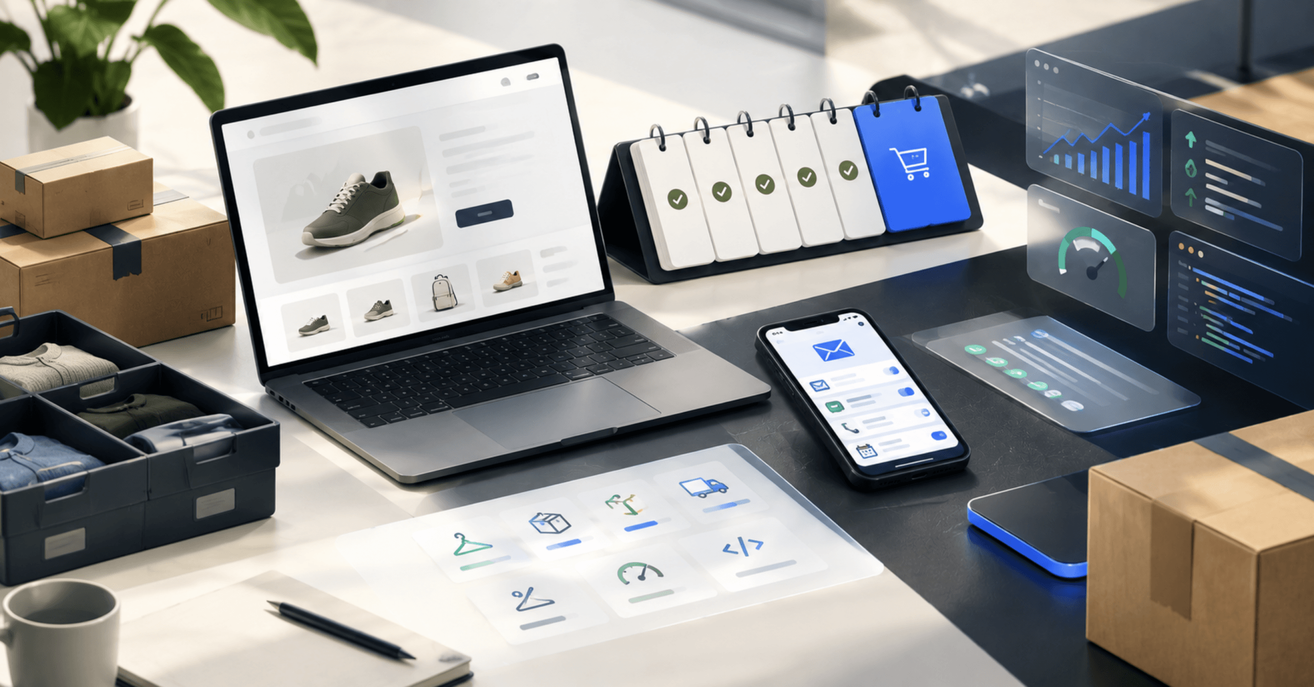 Ecommerce operations workspace with a storefront, planning calendar, analytics dashboards, inventory, and shipping boxes