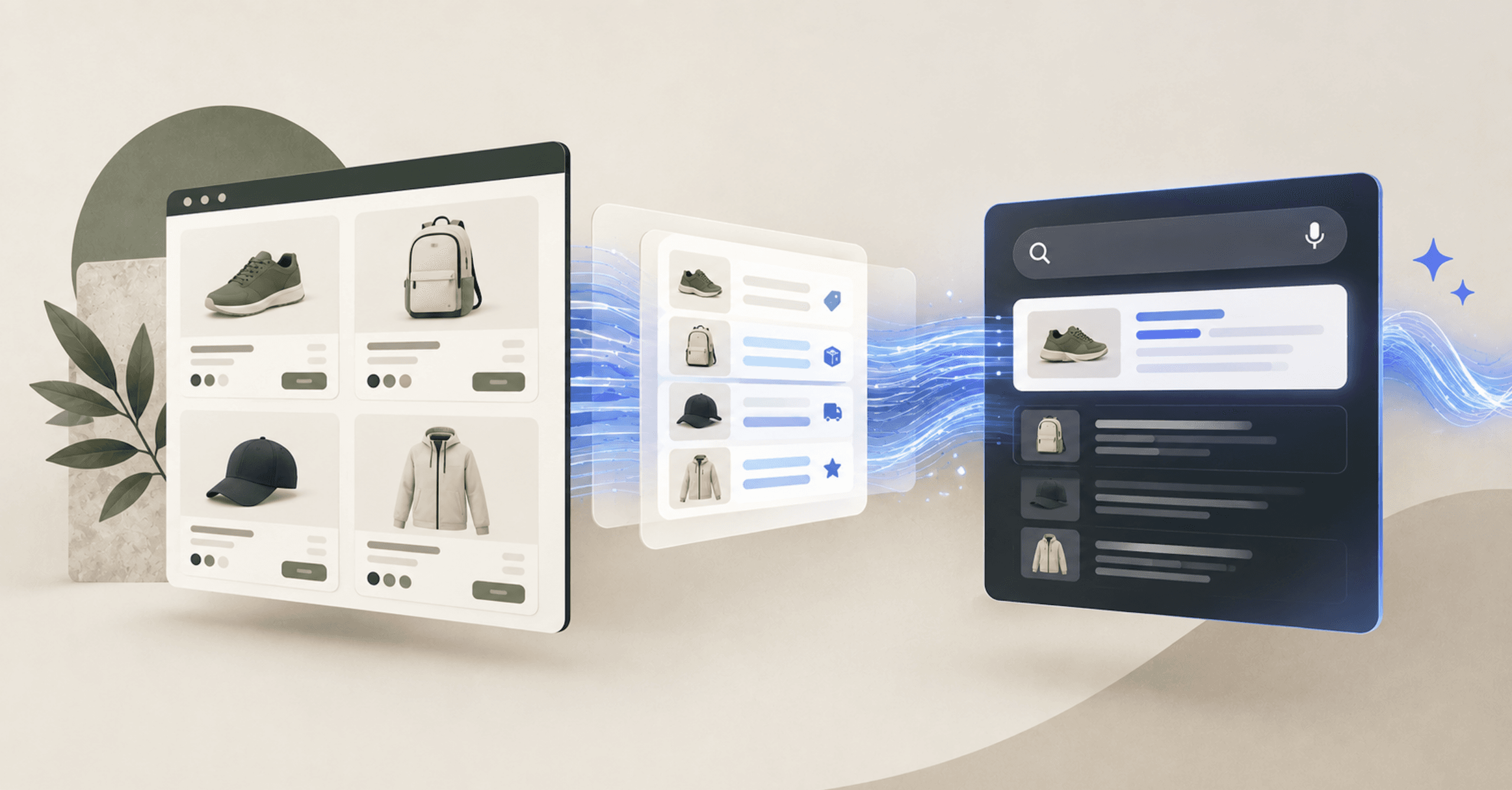 Ecommerce product catalog connected through structured product data to an AI search interface