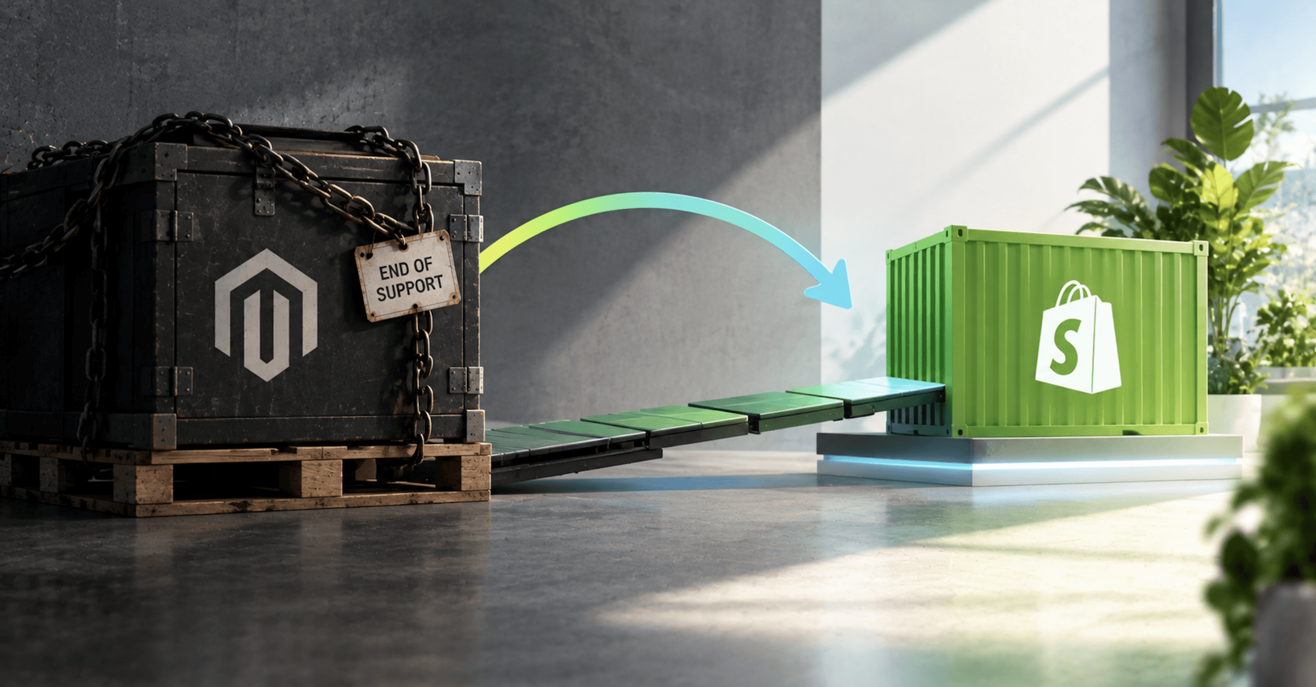 Magento platform represented as an aging chained container transitioning across a bridge to a modern Shopify platform, symbolizing migration after Magento end of support