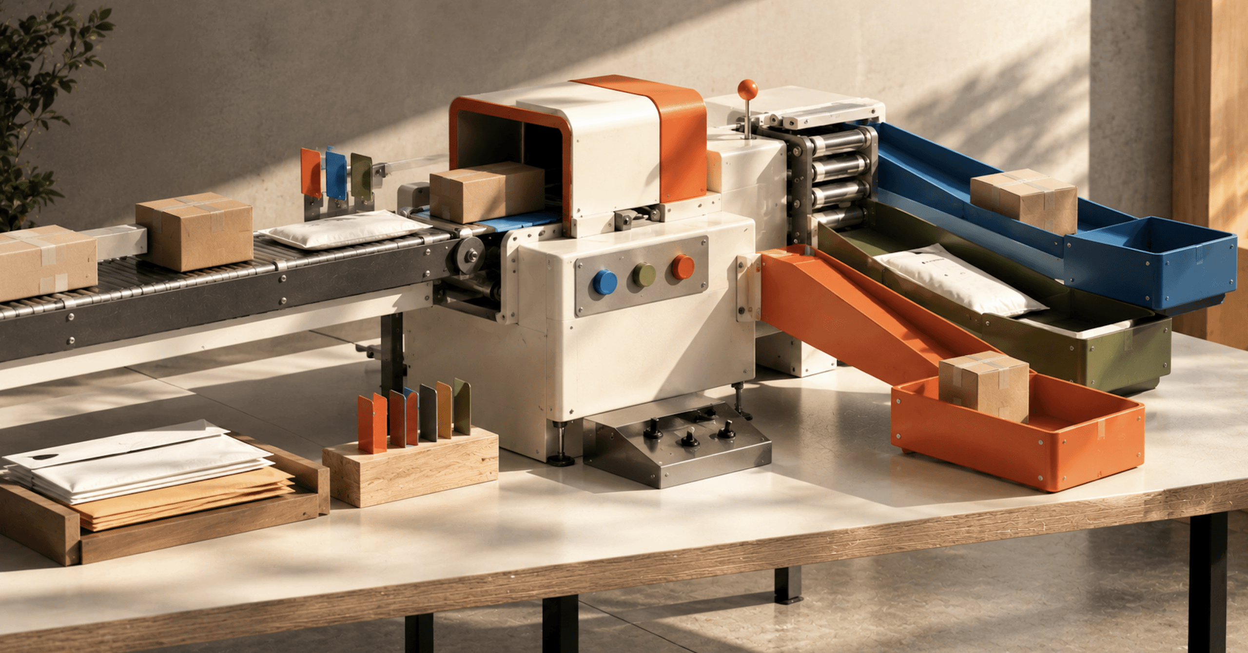 Automated ecommerce workflow sorting packages into different fulfillment paths