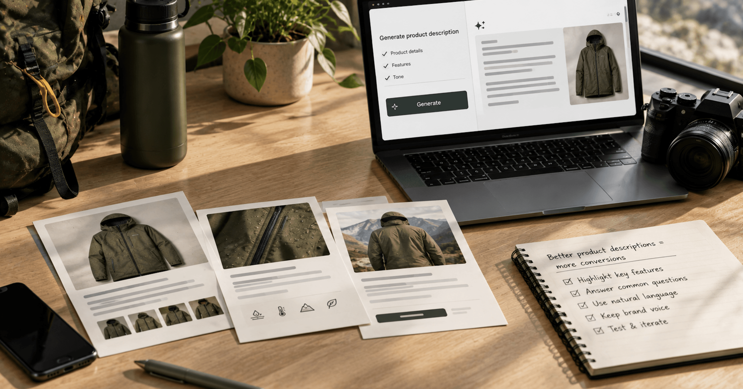 AI-generated product descriptions for an outdoor jacket shown alongside product photography and ecommerce content