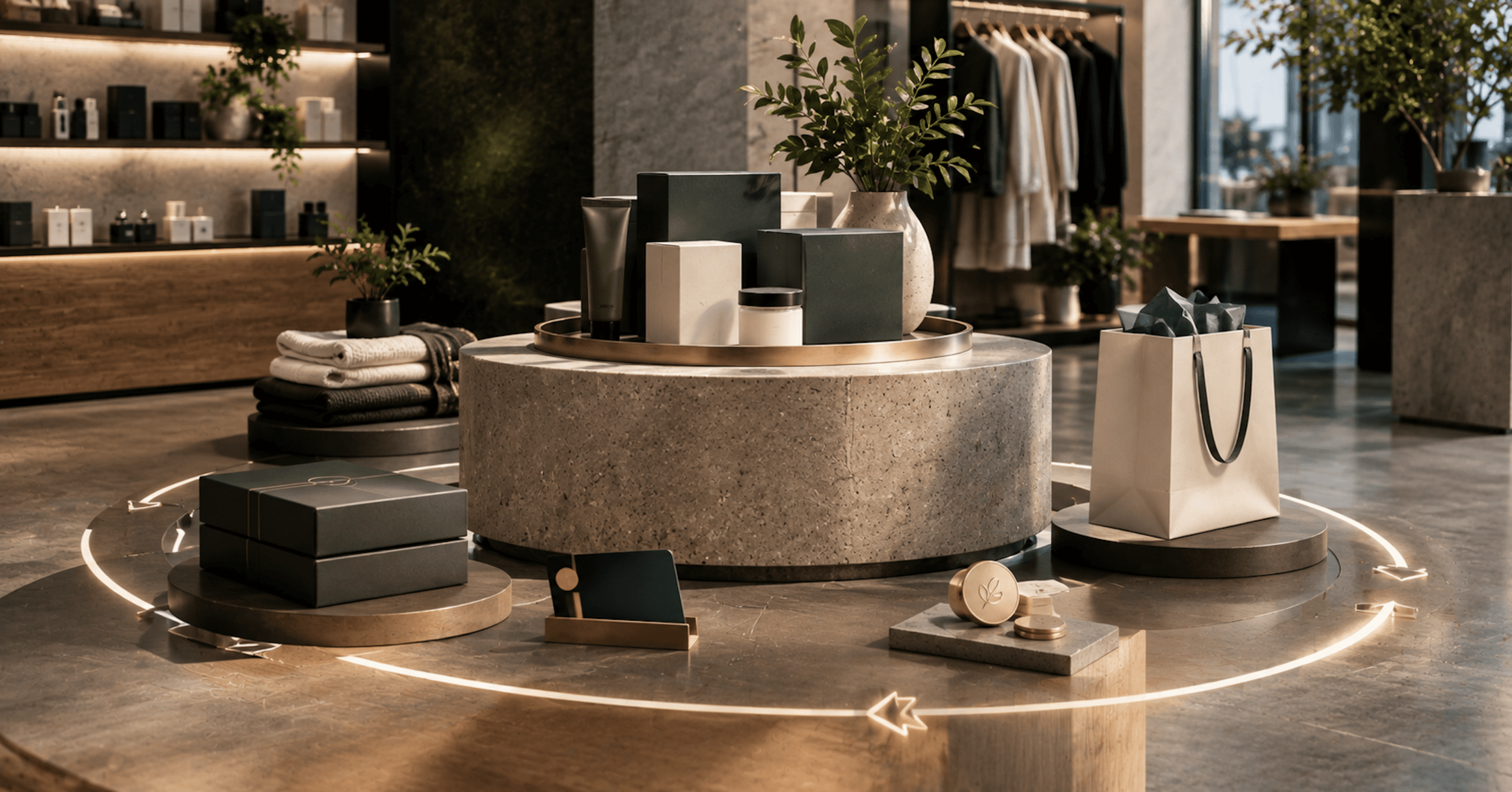 Modern retail showroom with products arranged around a circular customer journey, representing repeat purchases, loyalty, and DTC retention marketing