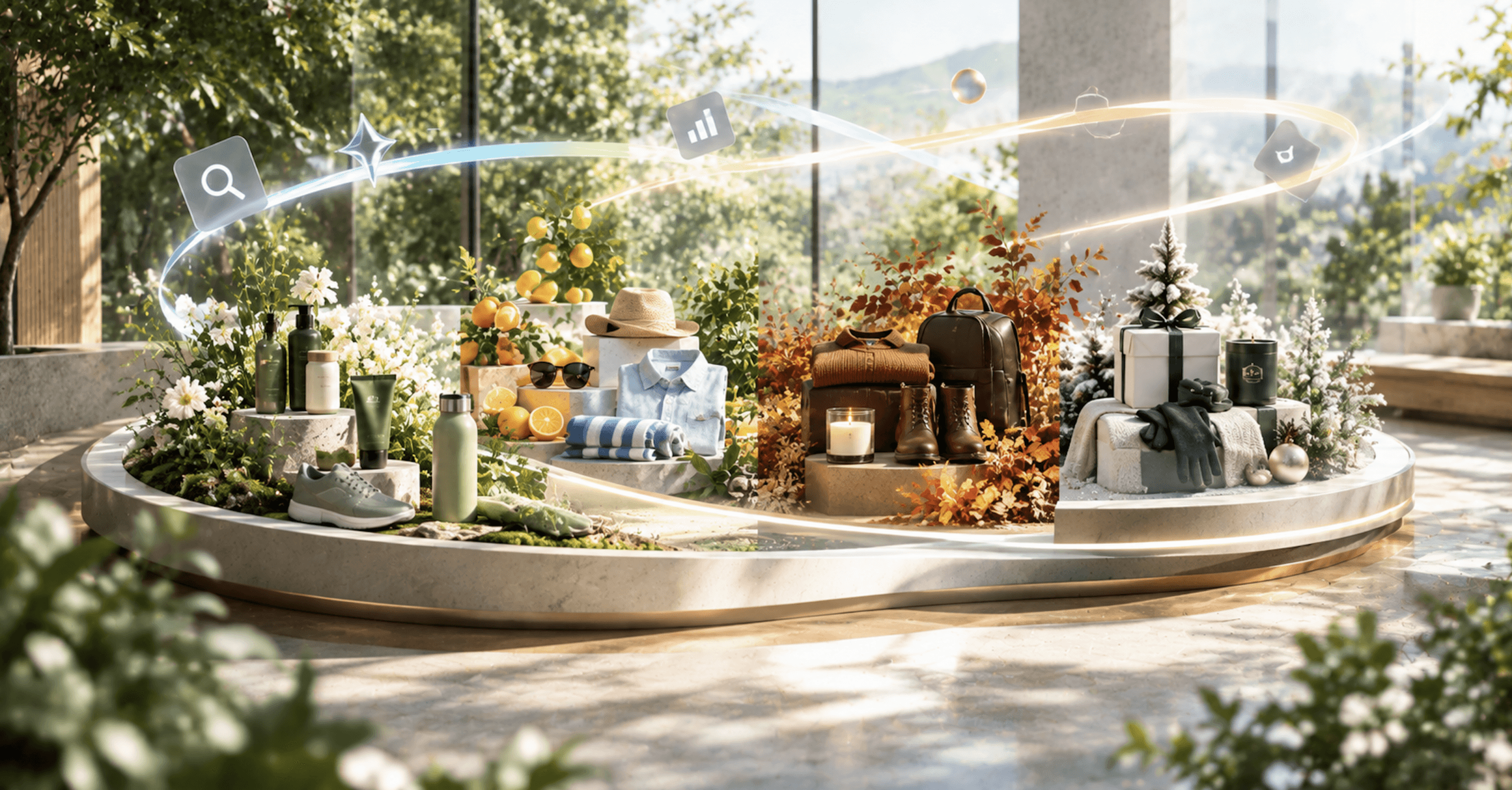 Seasonal ecommerce product displays arranged in a circular cycle, connecting changing customer demand, product catalogs, search trends, and content timing