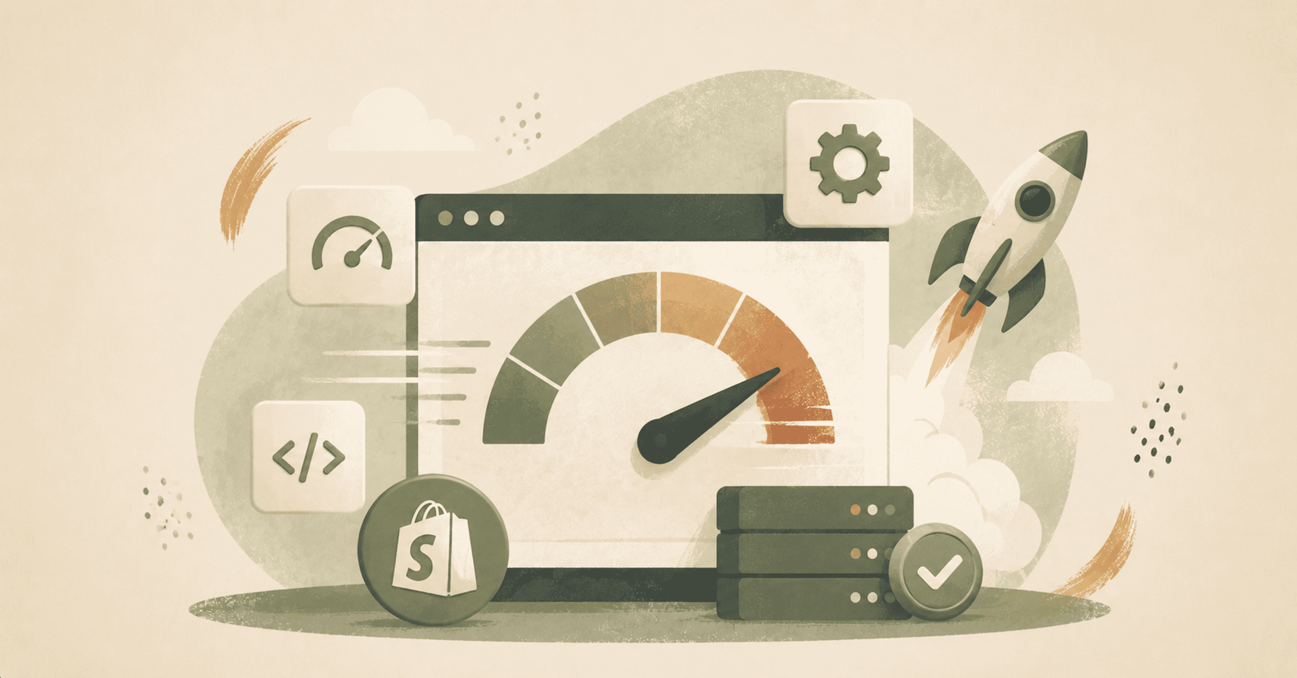 Website speedometer inside a browser window, surrounded by code, settings, server, and rocket icons, representing Shopify website speed optimization and improved performance.