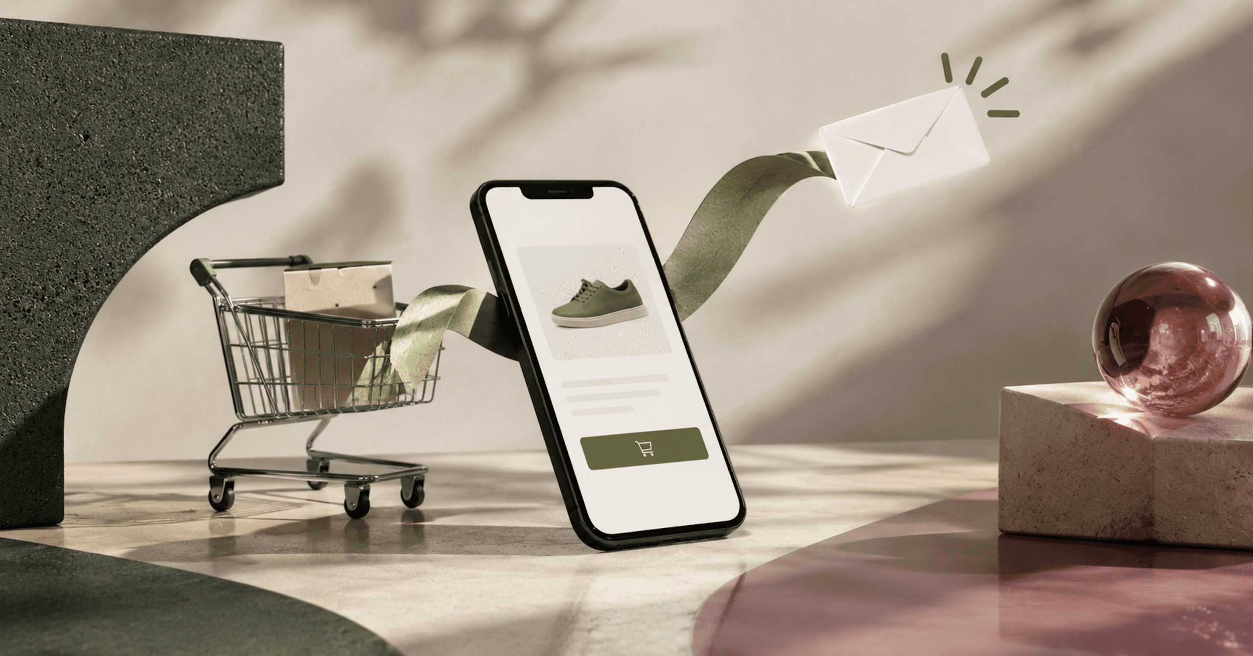 A smartphone displaying a product page sits beside a miniature shopping cart, with a flowing olive-green ribbon leading to a floating envelope, representing browse abandonment emails that bring online shoppers back to products they viewed