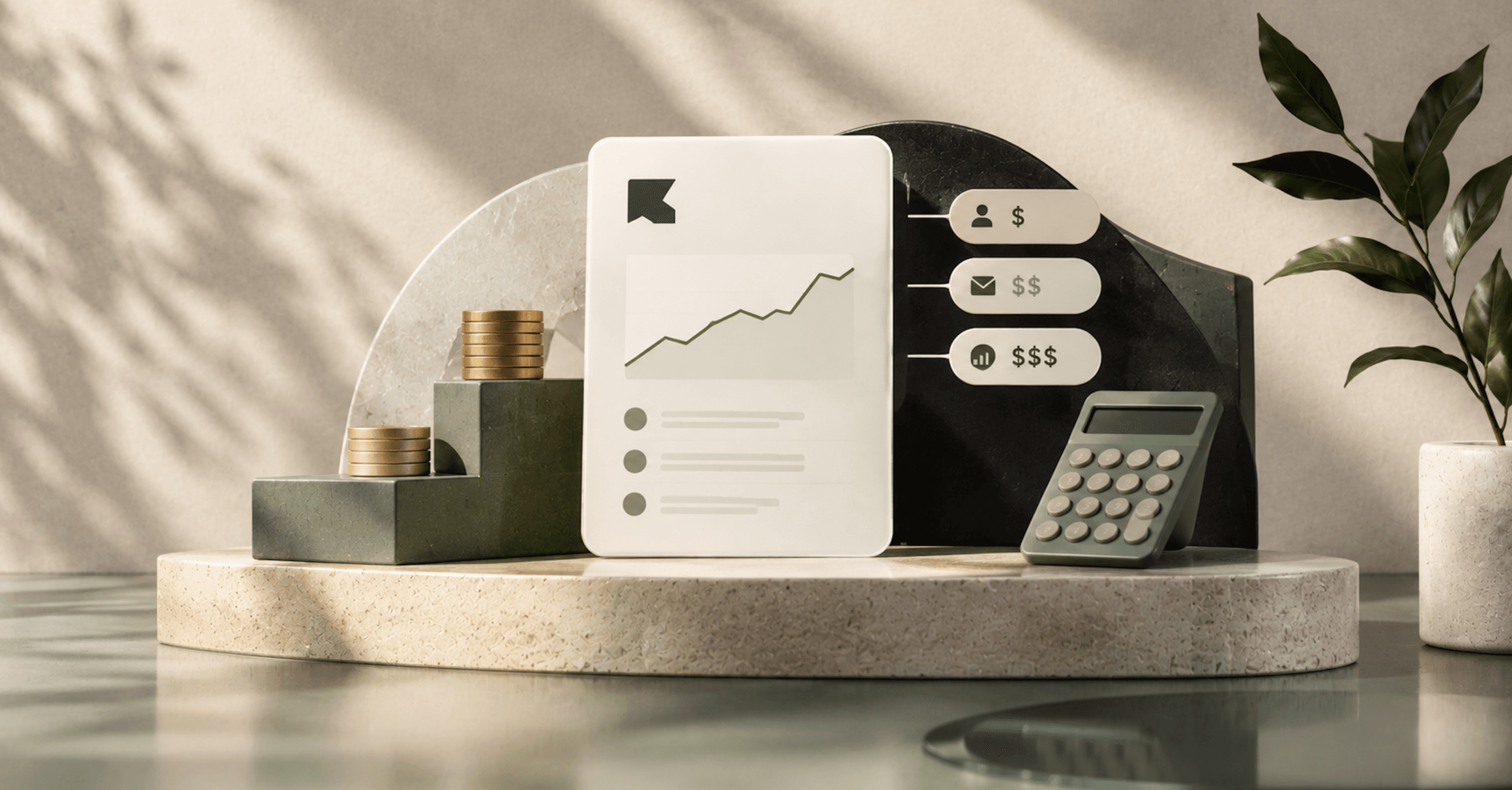 A minimalist pricing dashboard with a rising growth chart, stacked coins, tiered pricing indicators, and a calculator representing Klaviyo pricing, email marketing costs, and business growth