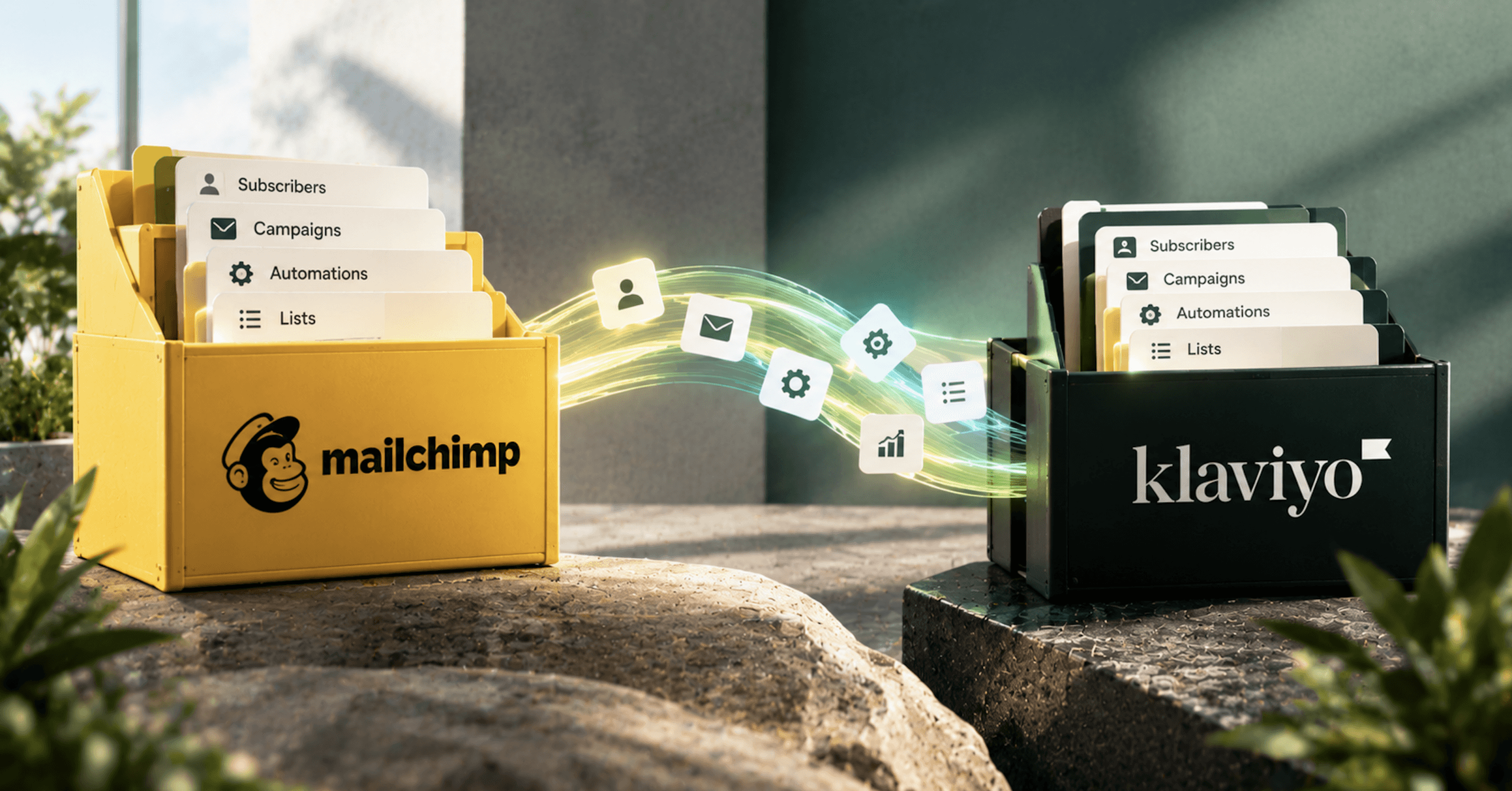 Mailchimp subscriber, campaign, automation, and list data flowing into Klaviyo, representing an email marketing platform migration