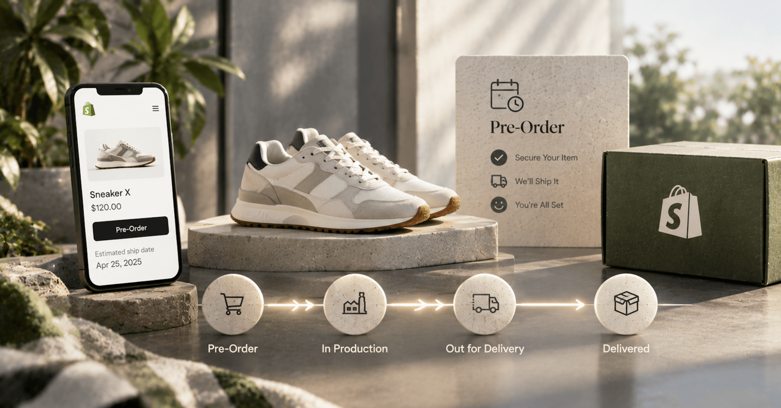 Footwear product reserved through a preorder experience, with production and delivery stages representing advance purchases for upcoming products