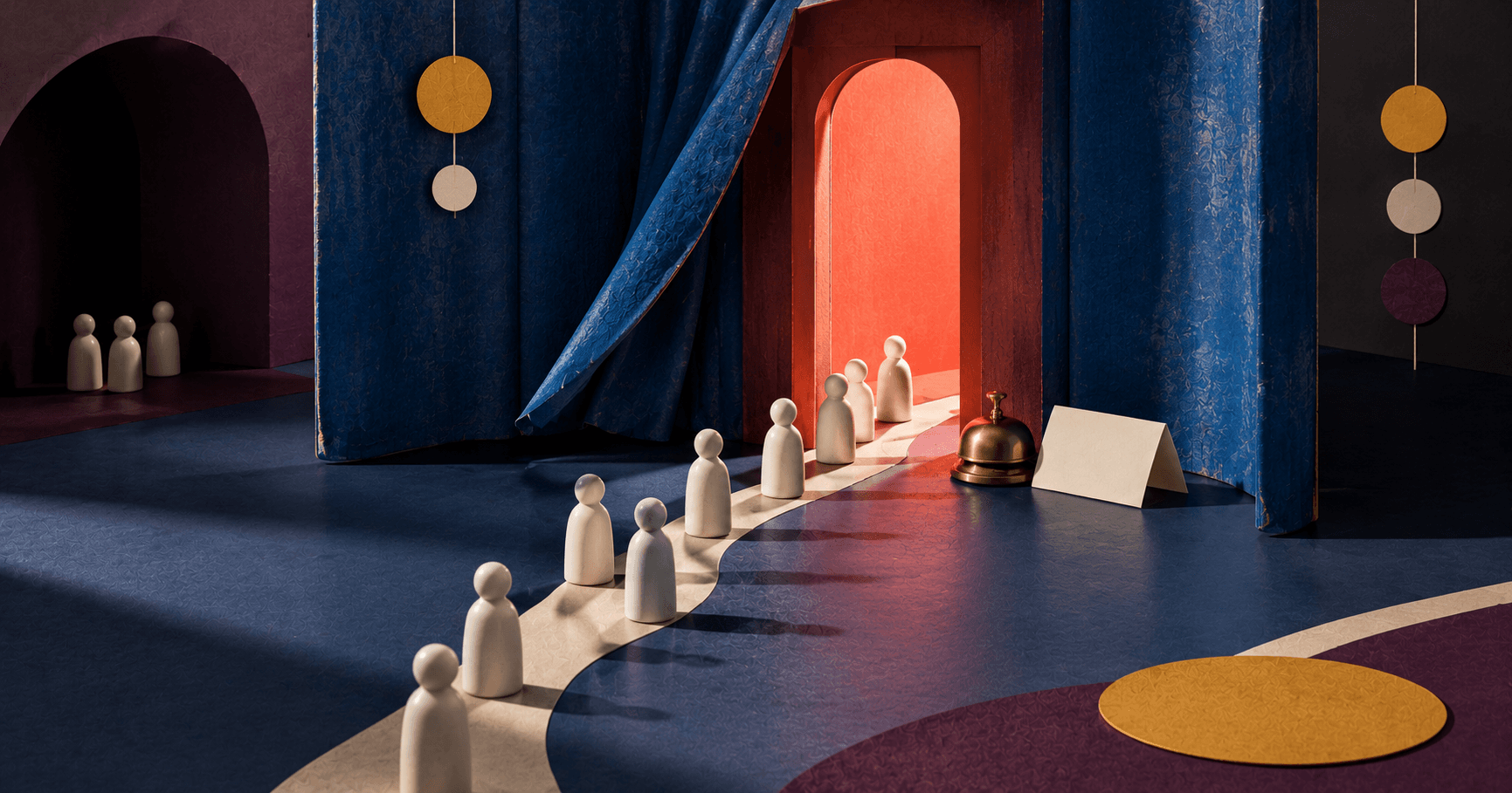 Win-back email campaign represented by a path of customers returning through an illuminated doorway toward a welcoming brand experience